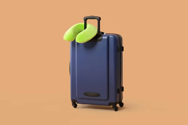 Packed Suitcase Travel Pillow Color Background — Stock Photo, Image