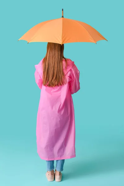 Beautiful Woman Umbrella Color Background Back View — Stock Photo, Image