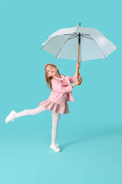 Cute Little Girl Umbrella Color Background — Stock Photo, Image