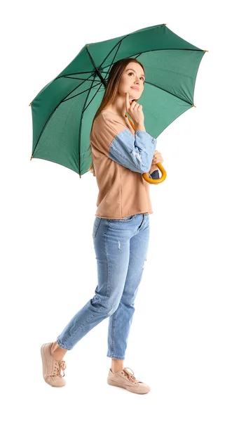 Hermosa Mujer Con Paraguas Sobre Fondo Blanco — Foto de Stock