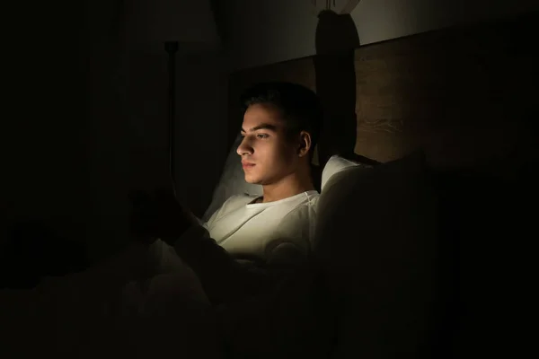 Young Man Suffering Sleep Deprivation Tablet Computer Bedroom Night — Stock Photo, Image