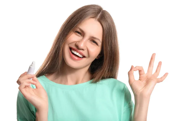 Beautiful Young Woman Lip Balm Showing White Background — Stock Photo, Image