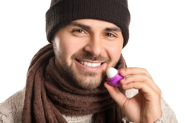 Handsome Young Man Lip Balm White Background — Stock Photo, Image