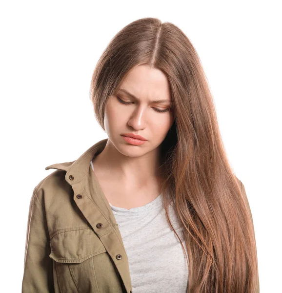 Apologizing Young Woman White Background — Stock Photo, Image