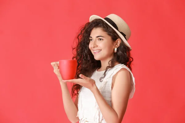 Beautiful Young Woman Hot Tea Color Background — Stock Photo, Image