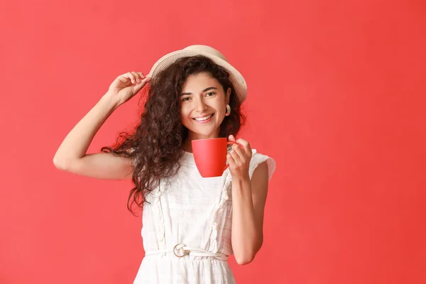 Beautiful Young Woman Hot Tea Color Background — Stock Photo, Image