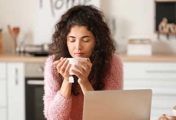 Beautiful Young Woman Drinking Hot Tea Home — Stock Photo, Image