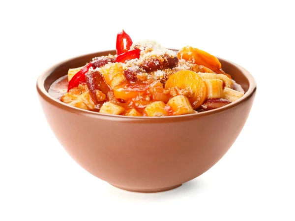 Bowl Tasty Pasta Beans White Background — Stock Photo, Image