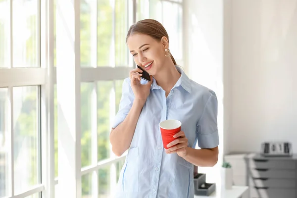 Beautiful Businesswoman Talking Phone Office — Stock Photo, Image