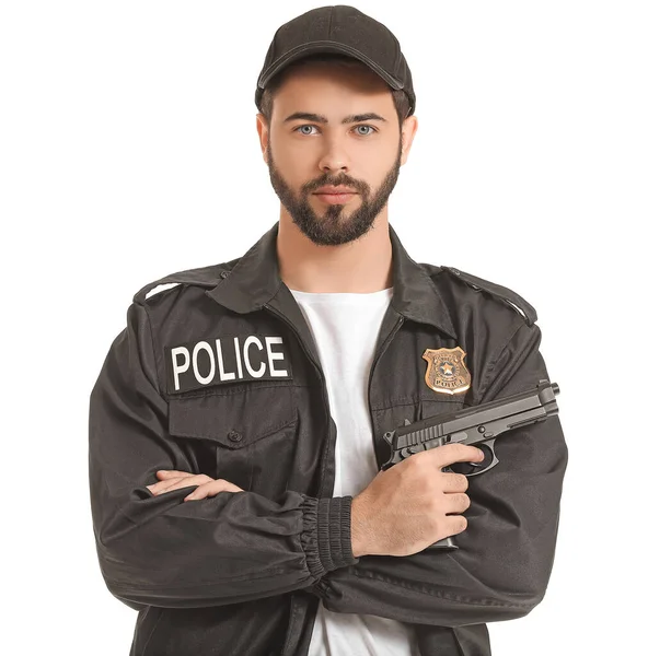 Bonito Policial Com Arma Fundo Branco — Fotografia de Stock