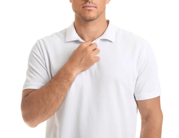 Hombre Joven Elegante Camiseta Sobre Fondo Blanco — Foto de Stock