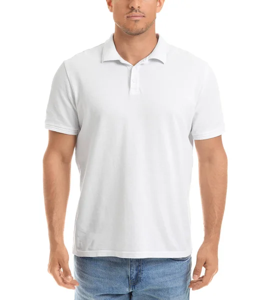 Hombre Joven Elegante Camiseta Sobre Fondo Blanco —  Fotos de Stock