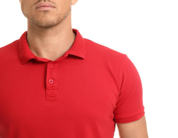 Junger Mann Stylischem Shirt Auf Weißem Hintergrund Nahaufnahme — Stockfoto