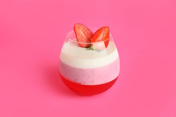 Tasty Strawberry Dessert Glass Color Background — Stock Photo, Image