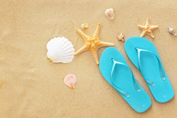 Stylish Flip Flops Sea Shells Beach Sand — Stock Photo, Image