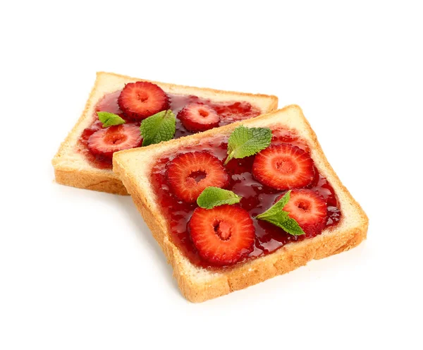 Bread Tasty Strawberry Jam White Background — Stock Photo, Image