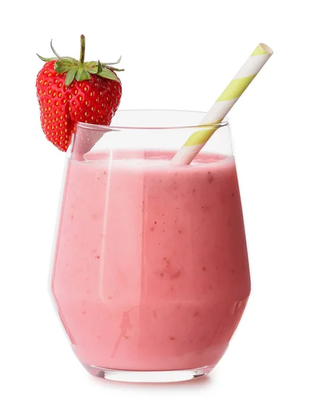 Verre Smoothie Aux Fraises Savoureux Sur Fond Blanc — Photo