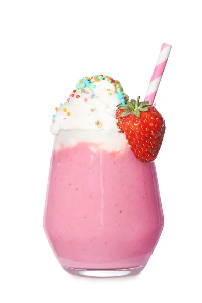 Glas Lekkere Aardbeienmilkshake Witte Achtergrond — Stockfoto