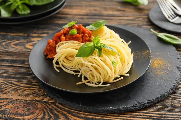 Plate Tasty Pasta Bolognese Table — Stock Photo, Image