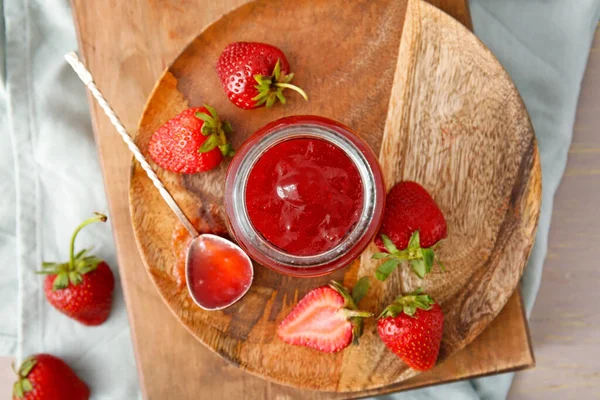 Jar Tasty Strawberry Jam Table — Stock Photo, Image