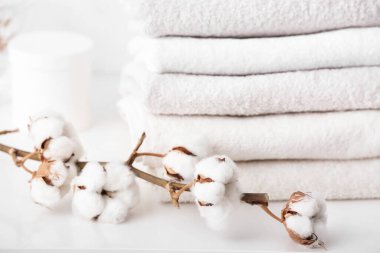 Banyodaki masada pamuk havlular.