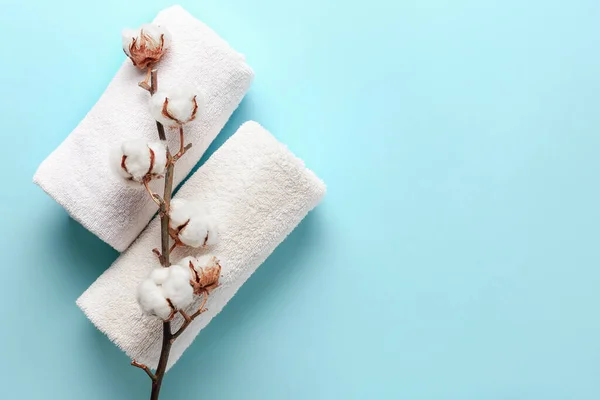 Cotton Flowers Soft Towels Color Background — Stock Photo, Image