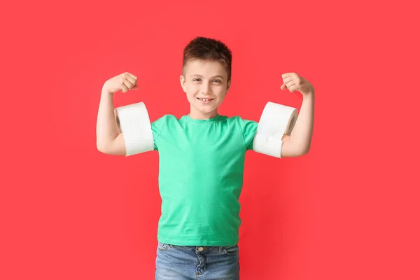 Funny Little Boy Toilet Paper Color Background — Stock Photo, Image