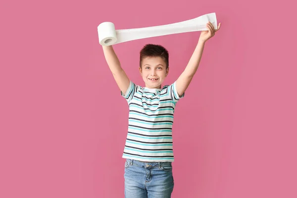 Funny Little Boy Toilet Paper Color Background — Stock Photo, Image