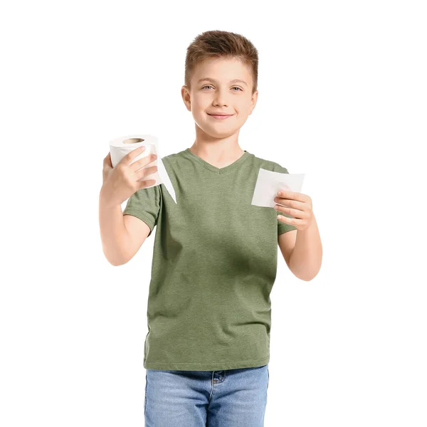 Funny Little Boy Toilet Paper White Background — Stock Photo, Image