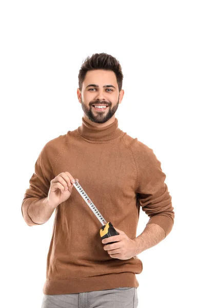 Joven Con Cinta Métrica Sobre Fondo Blanco — Foto de Stock