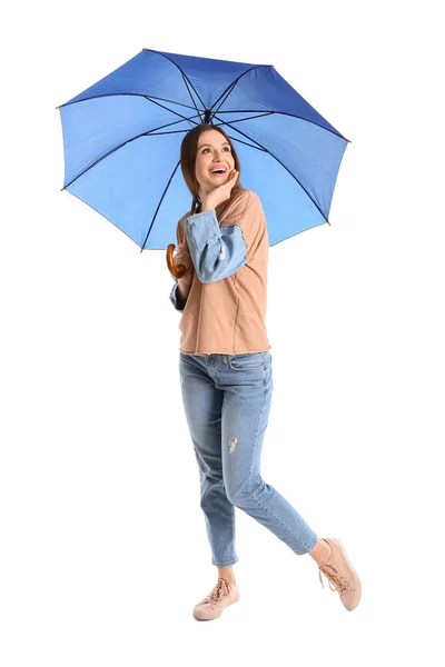 Vacker Kvinna Med Paraply Vit Bakgrund — Stockfoto