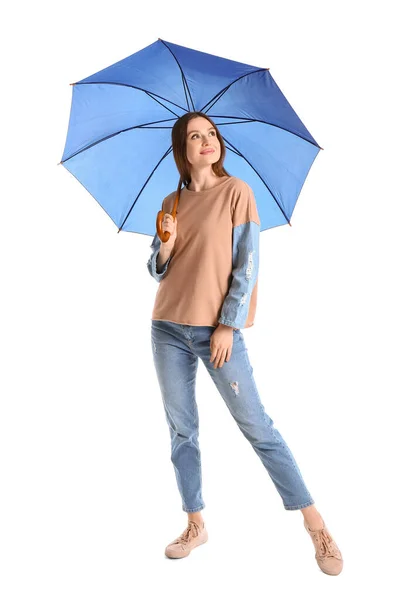 Mulher Bonita Com Guarda Chuva Fundo Branco — Fotografia de Stock