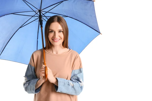 Hermosa Mujer Con Paraguas Sobre Fondo Blanco — Foto de Stock