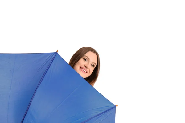 Vacker Kvinna Med Paraply Vit Bakgrund — Stockfoto