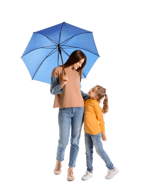 Mother Little Daughter Umbrella White Background — Stock Photo, Image