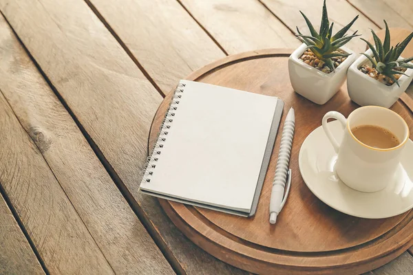 Composición Con Cuaderno Taza Café Sobre Fondo Madera —  Fotos de Stock