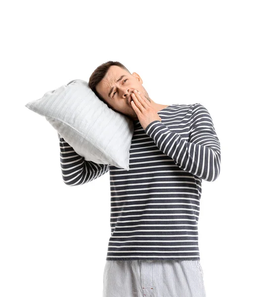 Втомлений Чоловік Подушкою Білому Тлі Концепція Депривації Сну — стокове фото
