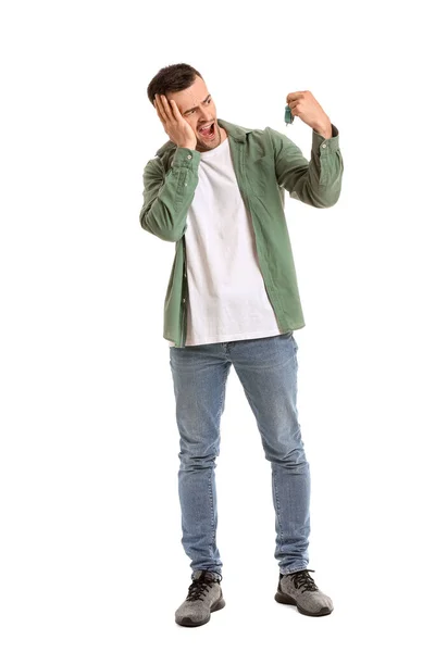 Angry Man Alarm Clock White Background Concept Sleep Deprivation — Stock Photo, Image