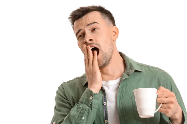 Moe Man Met Kopje Koffie Witte Achtergrond Begrip Slaaptekort — Stockfoto