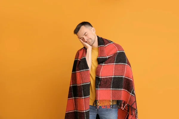 Tired Man Plaid Color Background Concept Sleep Deprivation — Stock Photo, Image