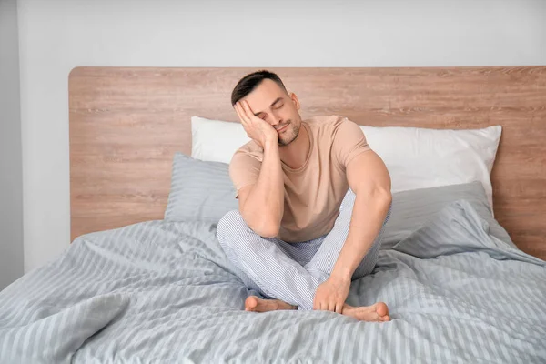 Young Man Suffering Sleep Deprivation Bedroom — Stock Photo, Image