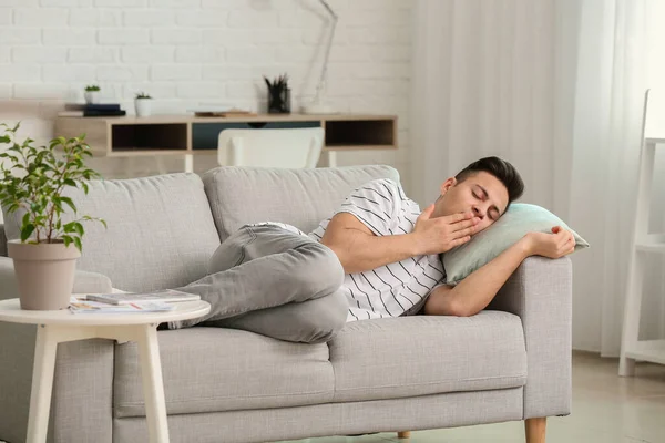Young Man Suffering Sleep Deprivation Home — Stock Photo, Image