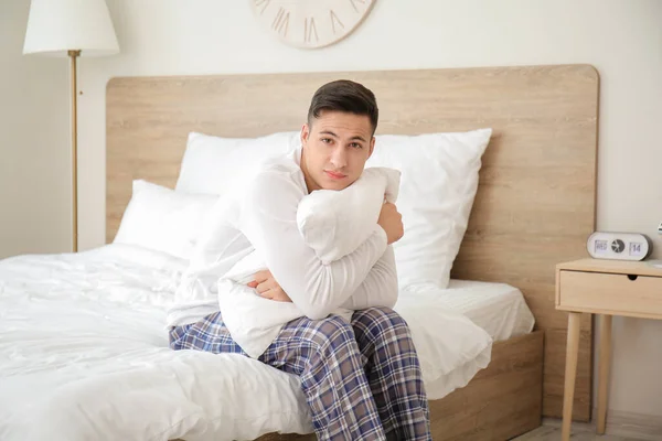 Young Man Suffering Sleep Deprivation Bedroom — Stock Photo, Image