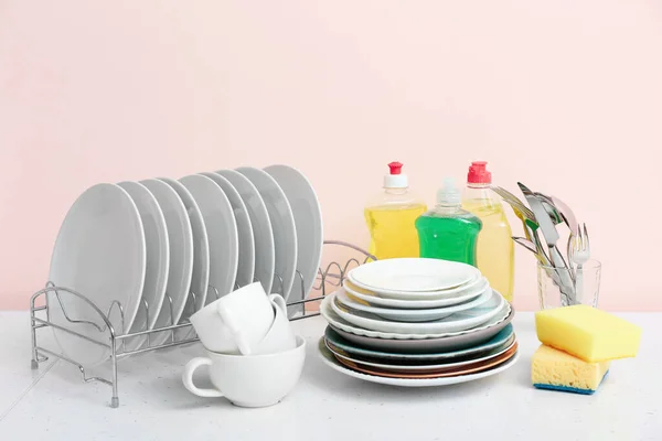 Clean Dishes Detergents Kitchen Table — Stock Photo, Image