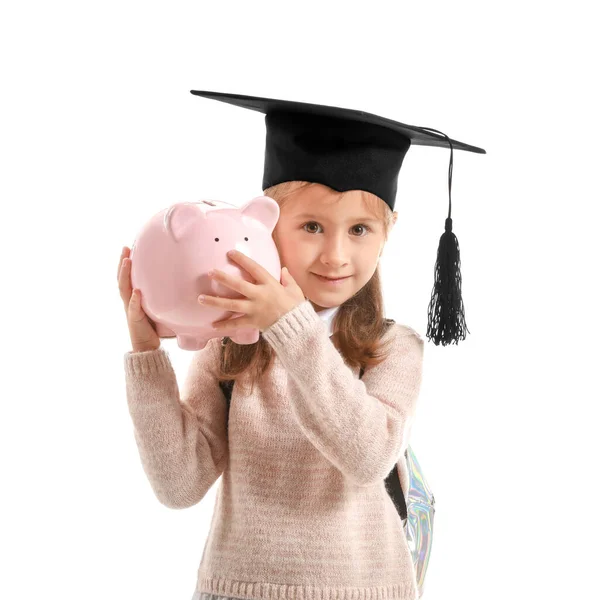 Kleines Mädchen Mit Ersparnissen Für Bildung Auf Weißem Hintergrund — Stockfoto