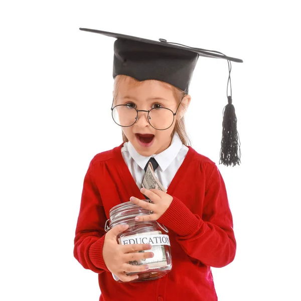 Meisje Met Spaargeld Voor Onderwijs Witte Achtergrond — Stockfoto