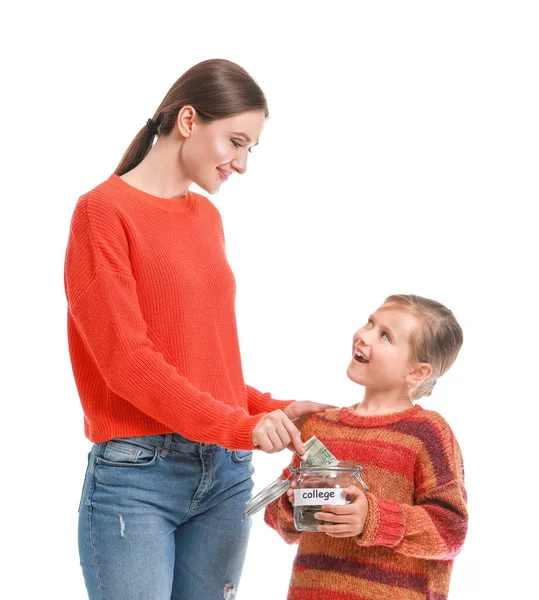 Little Girl Her Mother Savings Education White Background — Stock Photo, Image