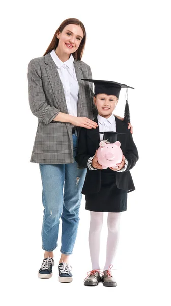 Kleines Mädchen Und Ihre Mutter Mit Ersparnissen Für Bildung Auf — Stockfoto