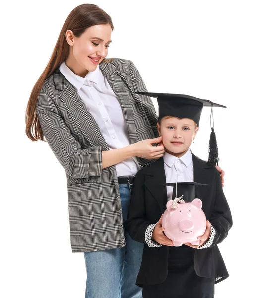 Kleines Mädchen Und Ihre Mutter Mit Ersparnissen Für Bildung Auf — Stockfoto