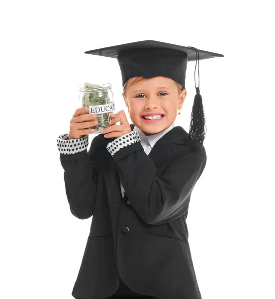 Kleines Mädchen Mit Ersparnissen Für Bildung Auf Weißem Hintergrund — Stockfoto